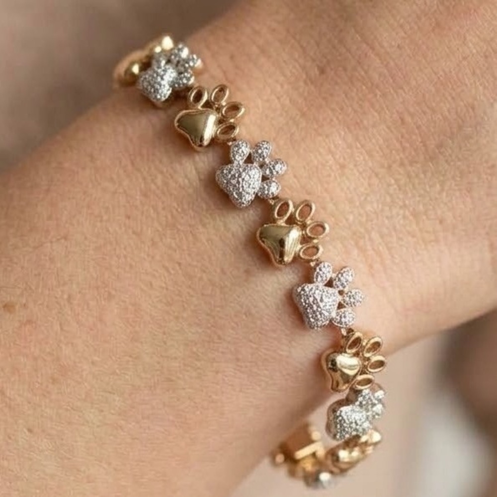 Two Tone Paw Print Link Bracelet Gold Silver Tone Crystal Pet Lover Jewelry